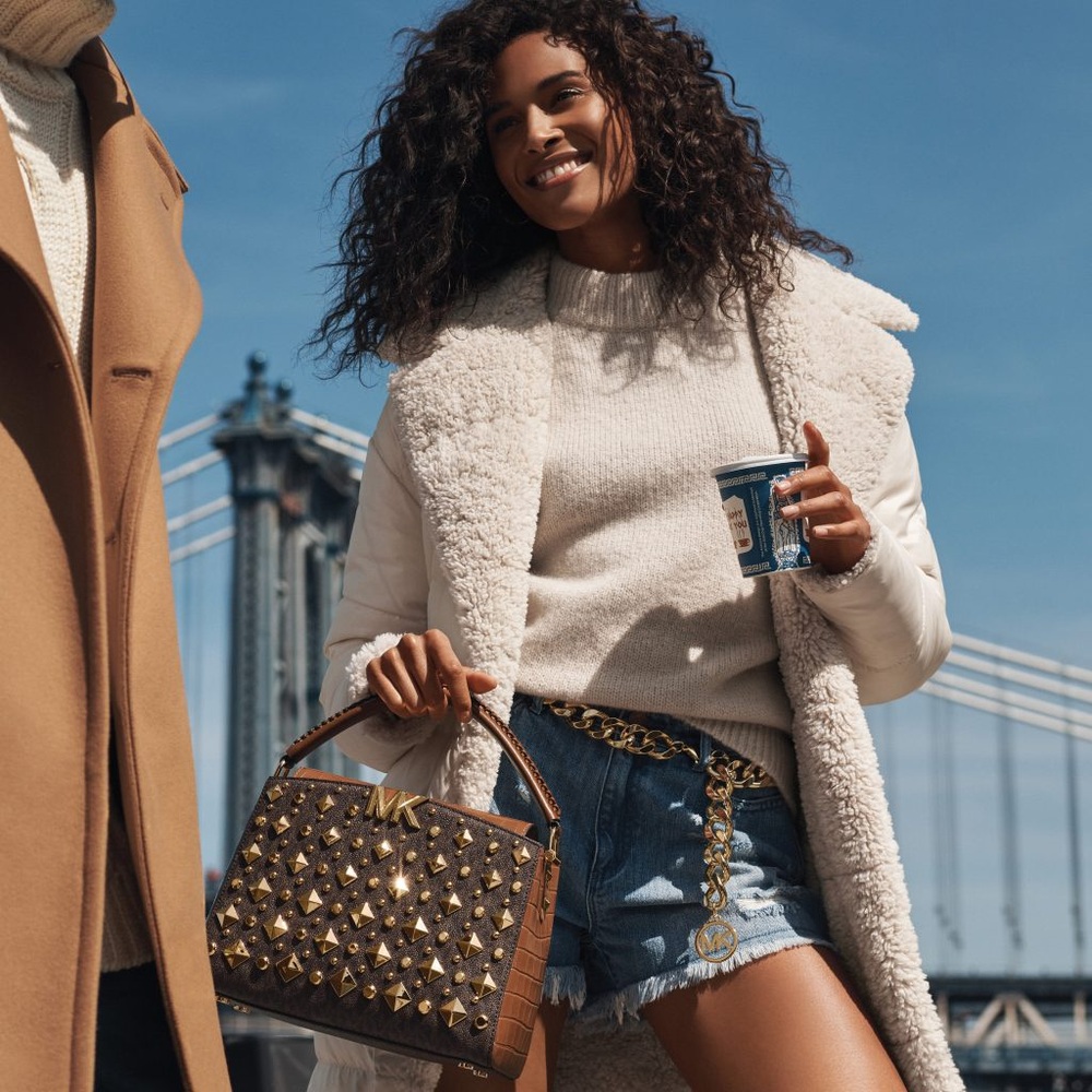 New Michael Kors Karlie Medium Studded Signature Logo Satchel in Chestnut Brown - Picture 5 of 17